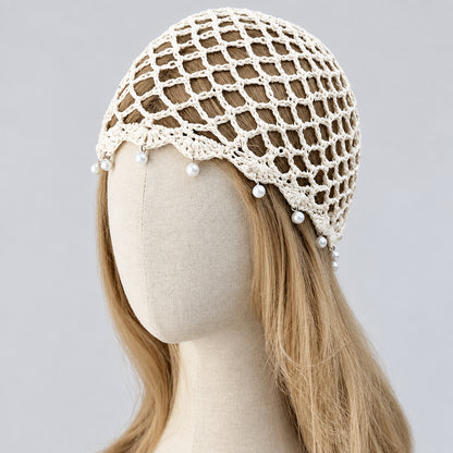 Bonnet filet au crochet femme avec perles décoratives