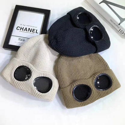 Bonnet avec lunettes unisexe, maille chaude pour l'hiver