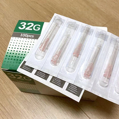 Aiguilles Ultra-fines Indolores 100 pcs – 25G à 34G, 1,5 à 25 mm – Seringue Transparente Embout Capuchon – Beauté & Médical