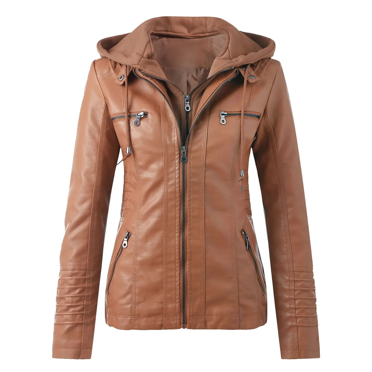 Veste femme effet cuir à capuche – Style biker zippé
