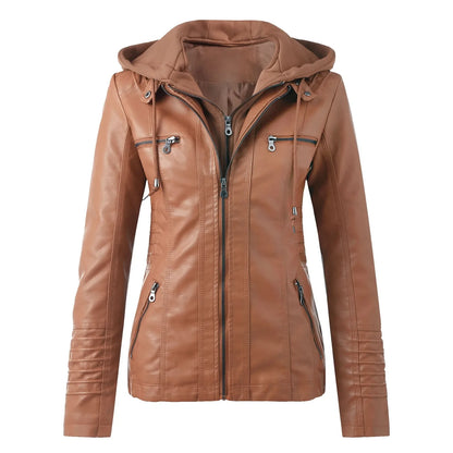 Veste femme effet cuir à capuche – Style biker zippé