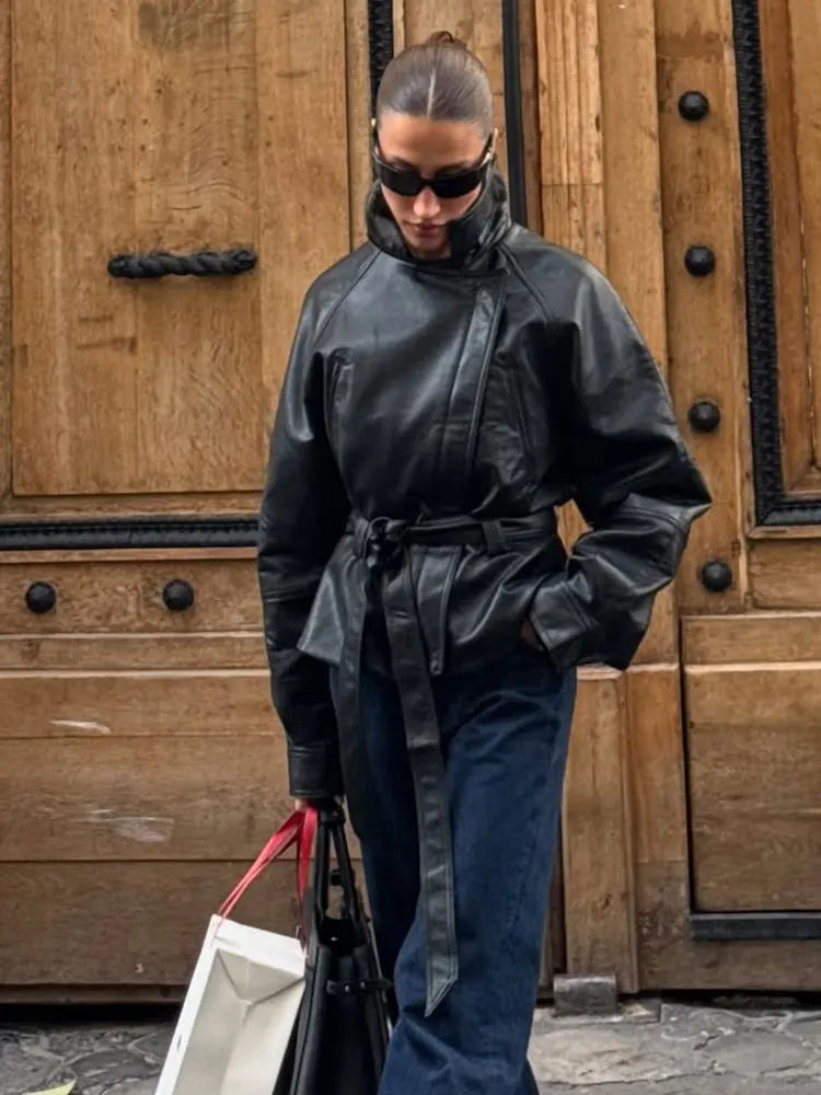 Veste en cuir femme courte avec ceinture, simili cuir