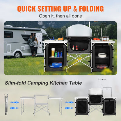 Table Cuisine Camping Pliante SucceBuy Aluminium – Plan de Travail MDF, Rangement, Pare-Vent | BBQ, Pique-Nique, Van | Gris, Marron, Noir