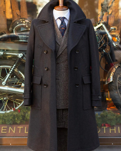 Manteau long homme à double boutonnage en laine et coton