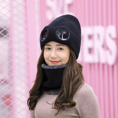 Bonnet avec lunettes unisexe, maille chaude pour l'hiver