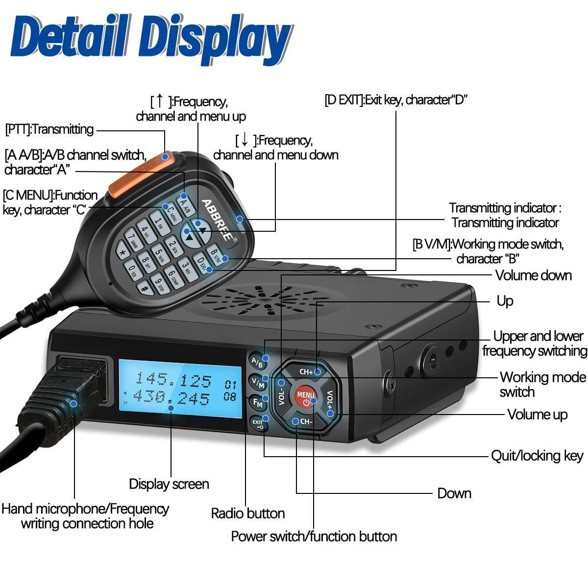 ABBREE AR-318 / AR-218 – Radio Mobile Portable VHF/UHF Double Bande 25W 128 Canaux - BLACKBEARD OUTDOOR INDUSTRIES