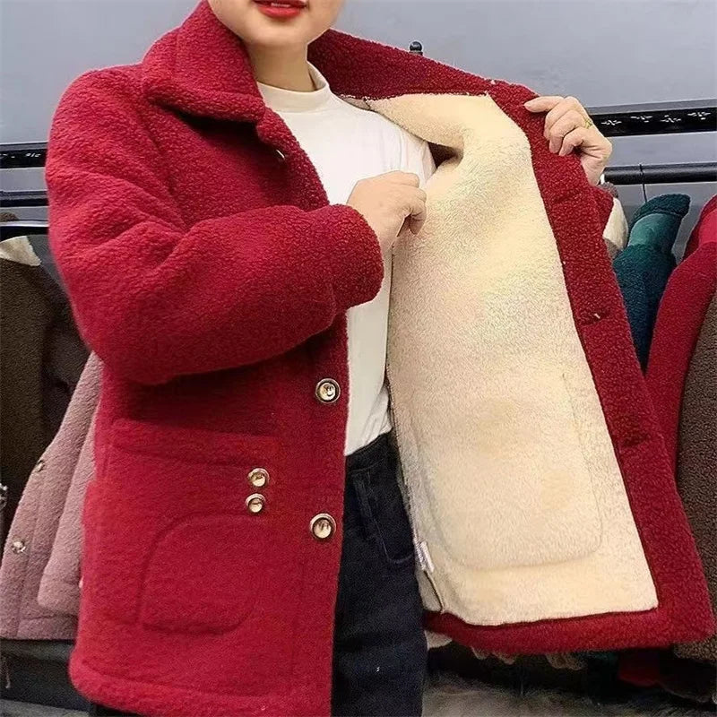 Manteau Femme Hiver Fausse Fourrure Agneau – Bouton Simple Col Rabattu Poches Chaud