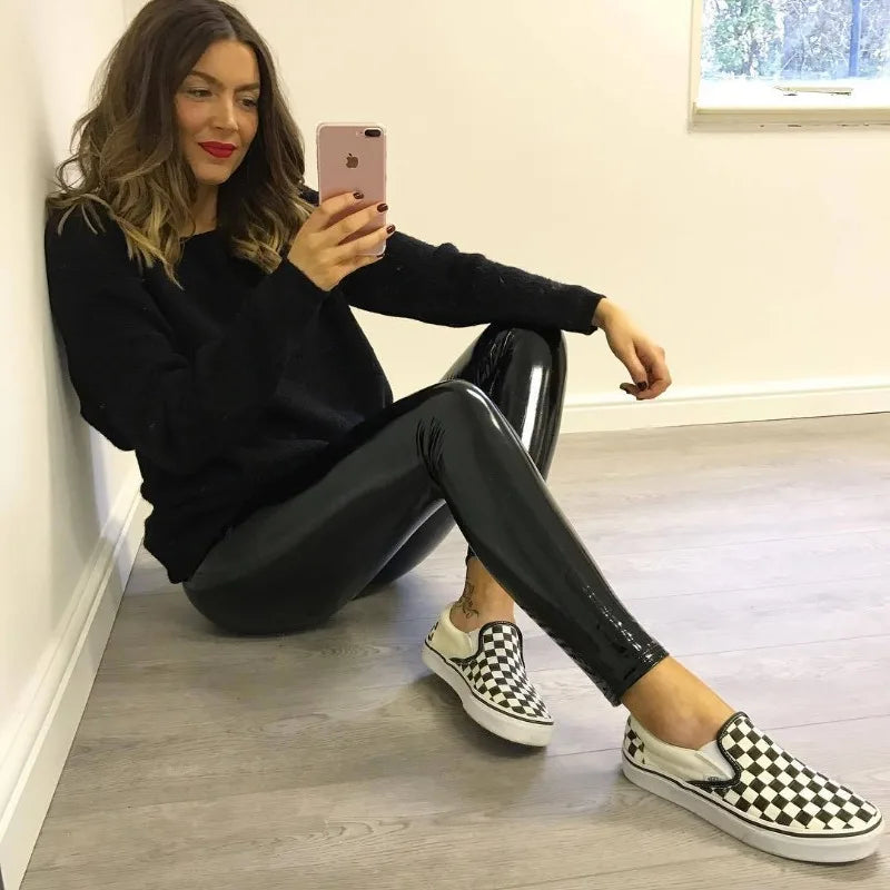 Legging simili cuir noir femme taille haute, effet push-up