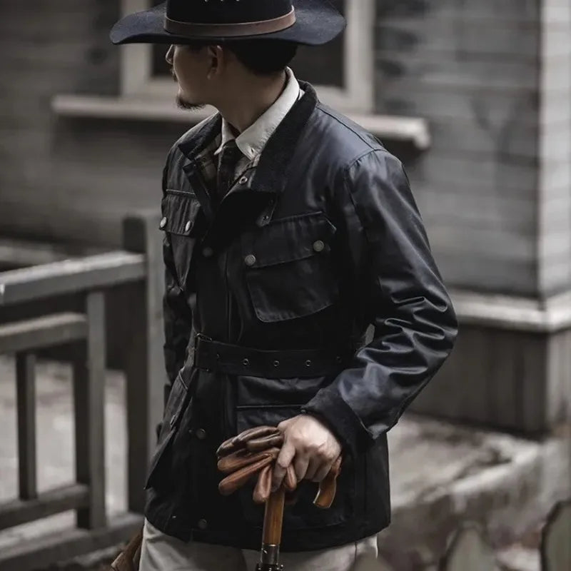 Men's Cargo Safari Oil Wax Jacket Waterproof England Casual Autumn Outwear Multi Pocket Corduroy Collar Wear Resistant Jackets BLACKBEARD OUTDOOR INDUSTRIES