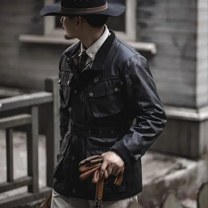 Men's Cargo Safari Oil Wax Jacket Waterproof England Casual Autumn Outwear Multi Pocket Corduroy Collar Wear Resistant Jackets BLACKBEARD OUTDOOR INDUSTRIES