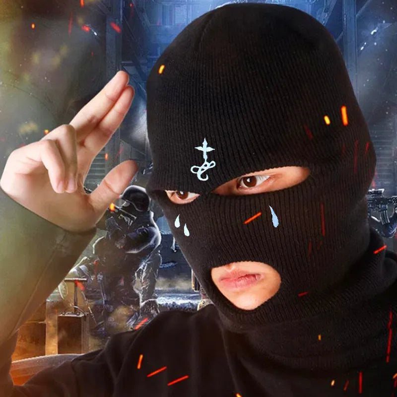Cagoule à motifs brodés, masque chaud 3 trous pour l’hiver