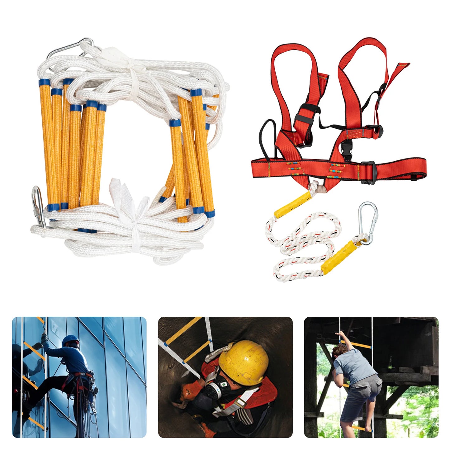 Échelle de Secours Incendie Corde Polyester 6 m ou 10 m – 200 kg, Harnais Inclus, 3 Crochets