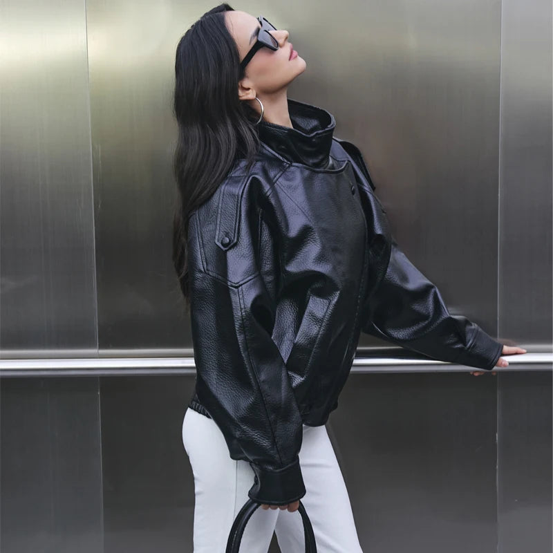 Perfecto Simili-Cuir Femme Oversize – Col Reversé, Fermeture Zip, Style Biker Streetwear Automne/Hiver - BLACKBEARD OUTDOOR INDUSTRIES