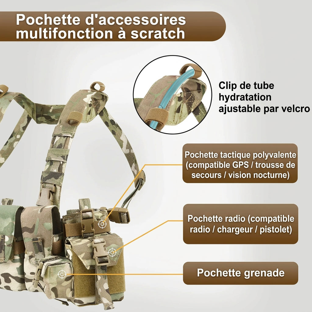 Chest rig tactique léger 500D avec harnais H et 4 poches chargeur