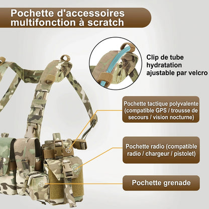 Chest rig tactique léger 500D avec harnais H et 4 poches chargeur