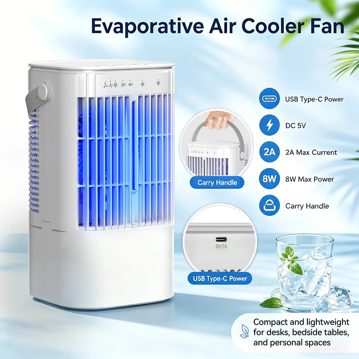Ventilateur Portable USB avec Veilleuse 7 Couleurs – 900ml, Salon & Chambre