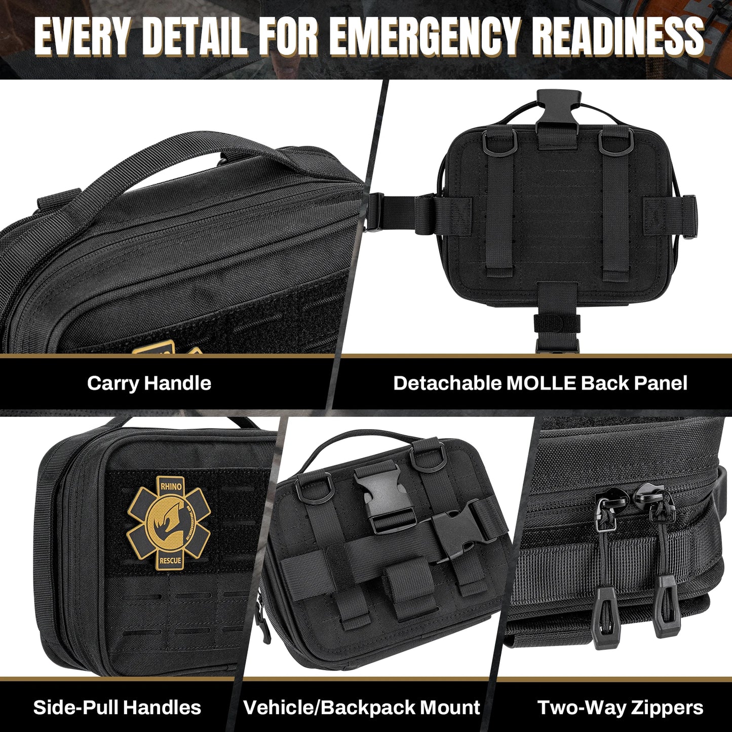 RHINO RESCUE Kit Trauma Véhicule – Garrot, Poche MOLLE & Premiers Secours Professionnels