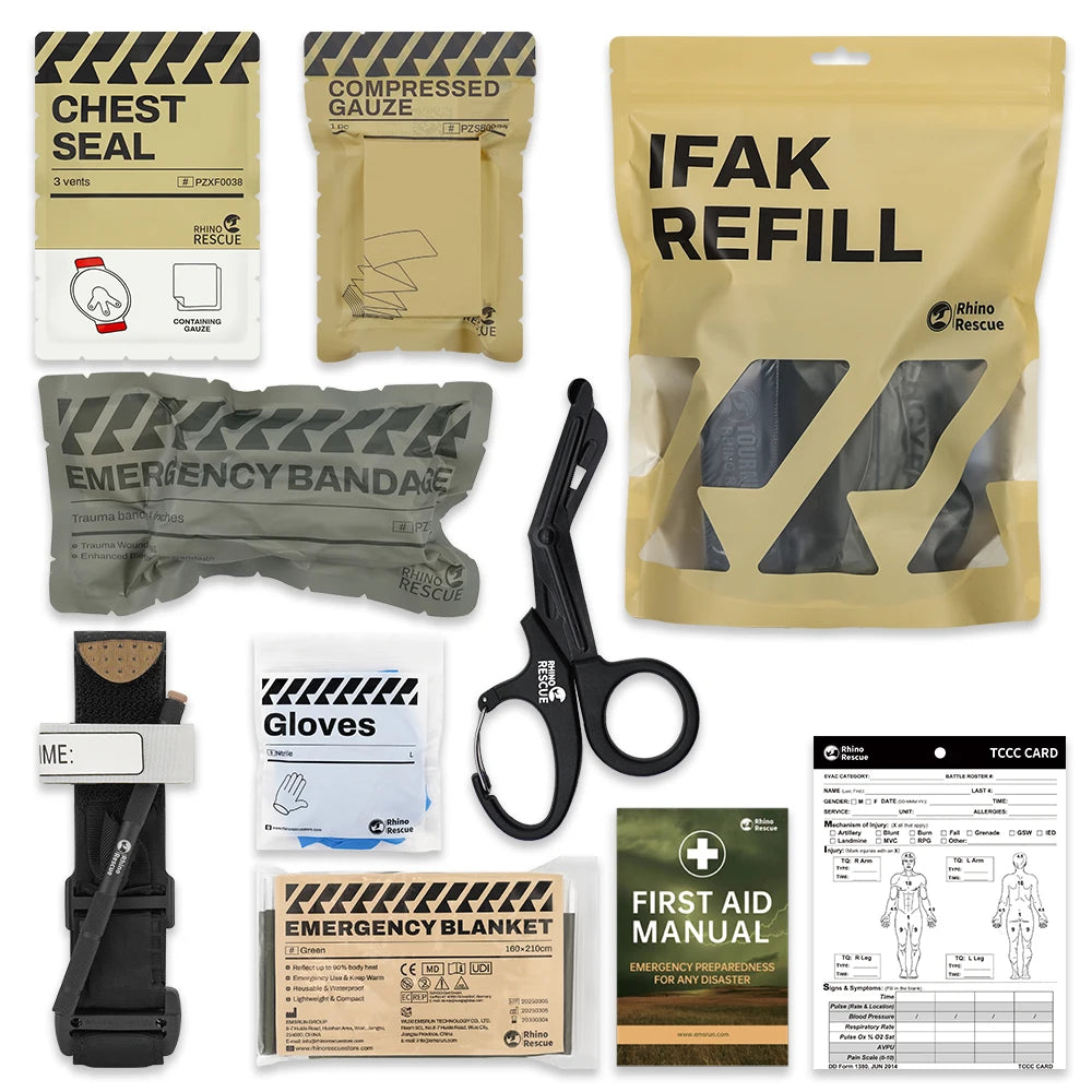 Recharge IFAK RHINO RESCUE – Kit Trauma Combat 7, 10 ou 17 Pièces, Survie Tactique