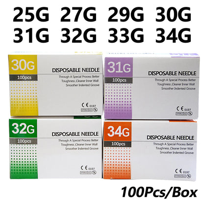 Aiguilles Ultra-fines Indolores 100 pcs – 25G à 34G, 1,5 à 25 mm – Seringue Transparente Embout Capuchon – Beauté & Médical