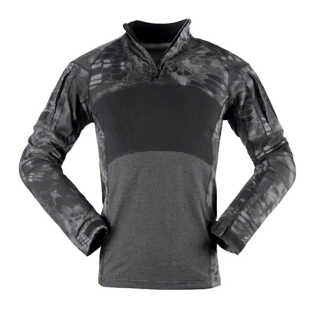 T-Shirt Tactique Manches Longues Camouflage – Coton, Col Montant | Airsoft, Paintball, Chasse, Militaire