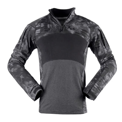 T-Shirt Tactique Manches Longues Camouflage – Coton, Col Montant | Airsoft, Paintball, Chasse, Militaire