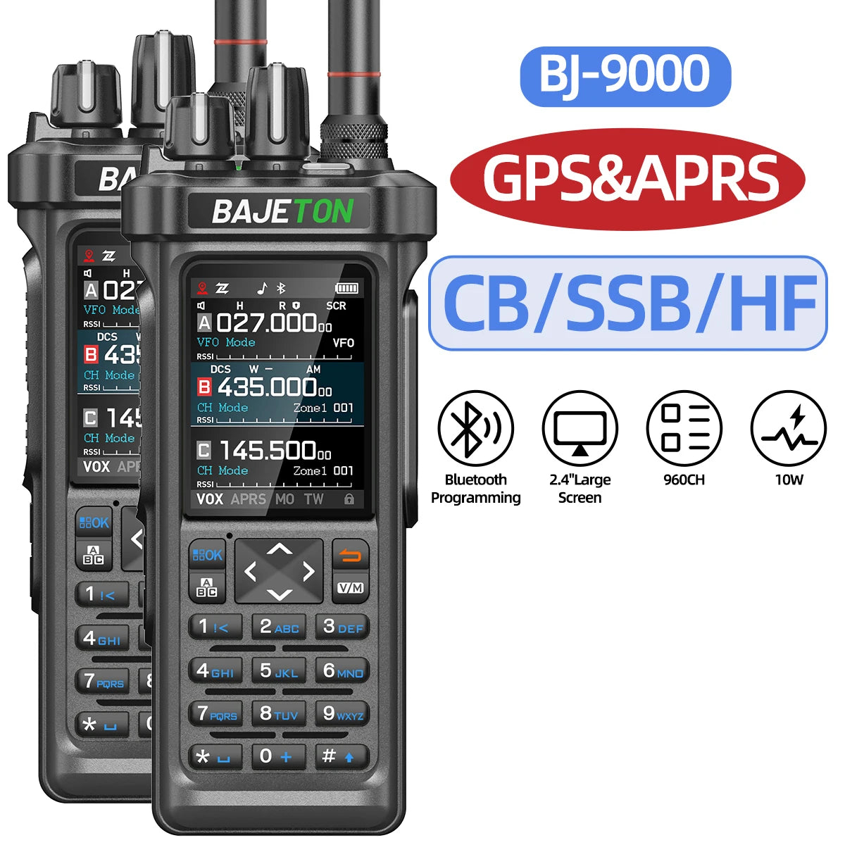 BAJETON BJ-9000 – talkie-walkie APRS GPS 10W, VHF/UHF & CB 27 MHz, récepteur AM/FM/SSB, programmation Bluetooth, USB‑C, triple veille - BLACKBEARD OUTDOOR INDUSTRIES