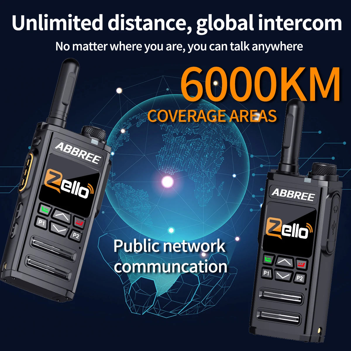Talkie-Walkie Réseau ABBREE GP-268 – 4G SIM, Zello, Portée Mondiale, Batterie 5000 mAh