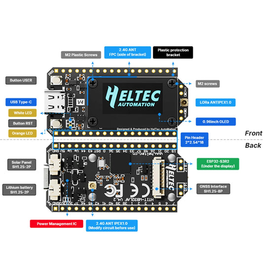 Carte Heltec WiFi LoRa 32 V4 – ESP32-S3, SX1262, OLED 0,96", LoRa, WiFi, BLE, Solaire, GPS, Meshtastic