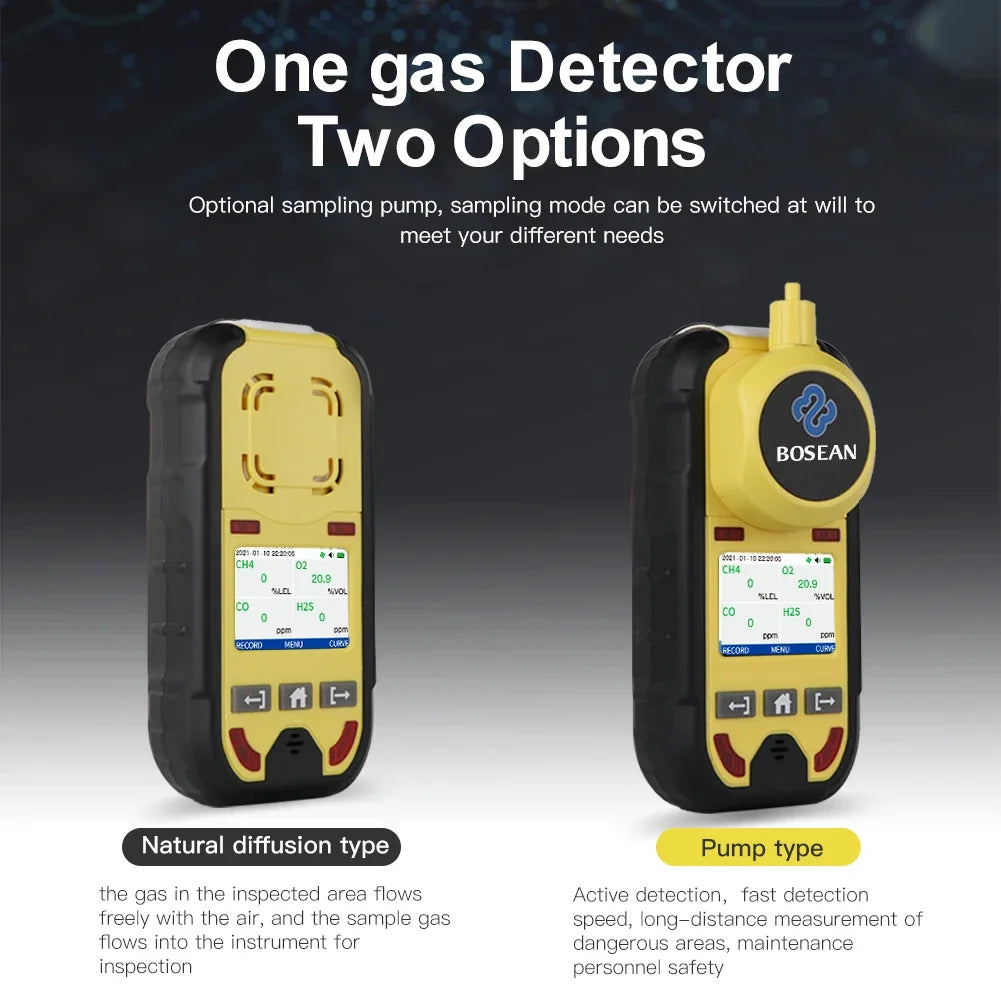 Détecteur de Gaz Portable 4 en 1 Bosean BH-4M – O2, CO, H2S, LEL avec Pompe d'Aspiration