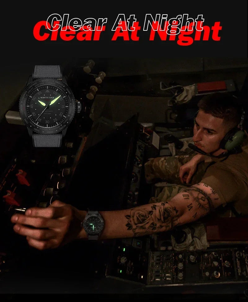 Montre Homme NORTH EDGE MACH 2024 – Solaire – Étanche 50M – Double Fuseau Horaire – Bracelet TPR & Nylon – Style Pilote - BLACKBEARD OUTDOOR INDUSTRIES