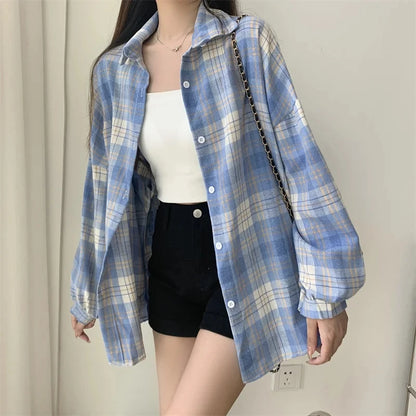 Chemise à Carreaux Femme Manches Longues – Coupe Loose Vintage Preppy Style