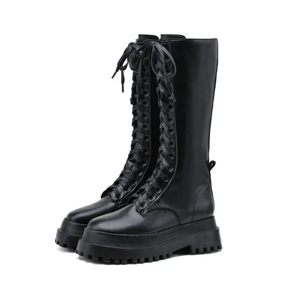 Bottes hautes femme noires en simili cuir à semelle épaisse