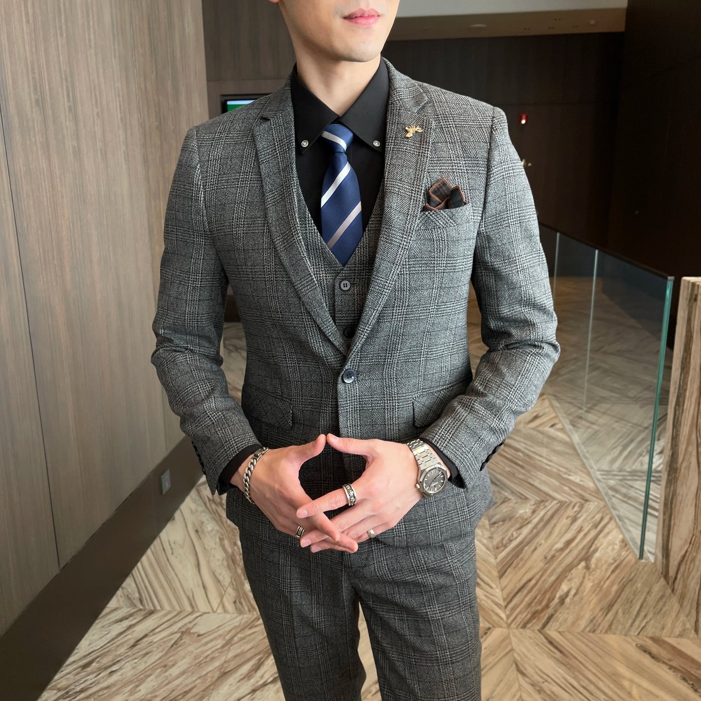 Costume 3 Pièces Homme Style Britannique Coréen Haut de Gamme à Carreaux Modifiés - Costume Élégant Business Casual avec Gilet et Pantalon BLACKBEARD OUTDOOR INDUSTRIES