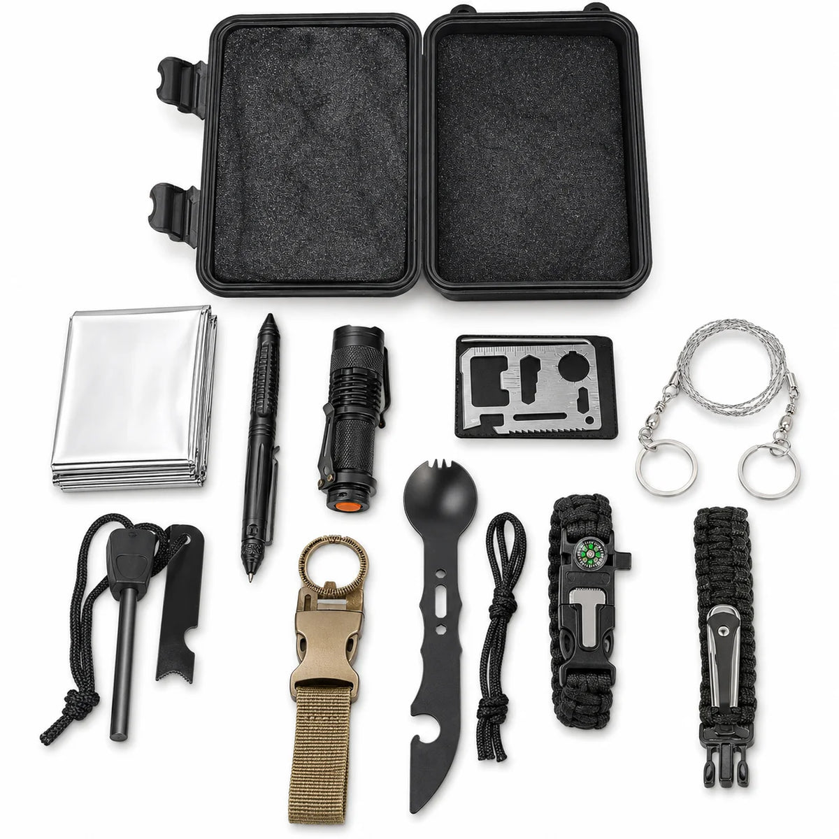 Kit de Survie Outdoor Complet – Couverture de Survie, Boussole, Allume-Feu, Bracelet Paracorde | Camping & Urgence