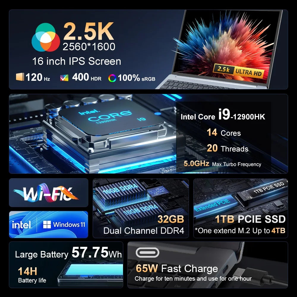 Laptop 16" QHD+ 2.5K 120Hz — Intel Core i9-12900HK, 32GB RAM, 1TB SSD, Windows 11 Pro - BLACKBEARD OUTDOOR INDUSTRIES