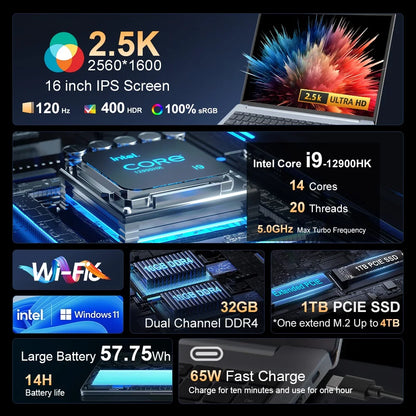 Laptop 16" QHD+ 2.5K 120Hz — Intel Core i9-12900HK, 32GB RAM, 1TB SSD, Windows 11 Pro - BLACKBEARD OUTDOOR INDUSTRIES