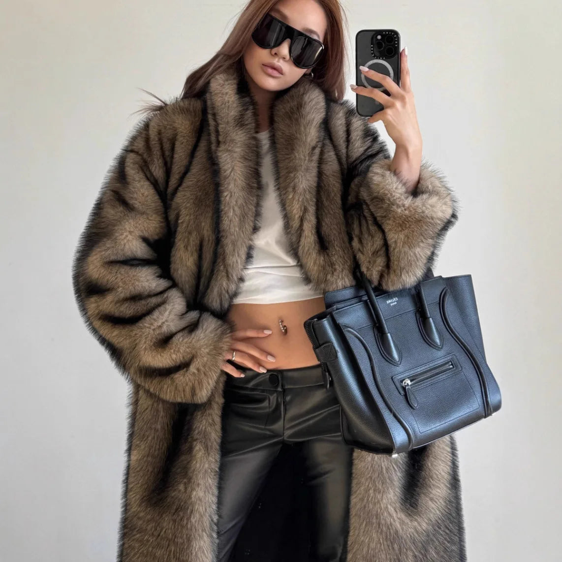 Manteau long en fausse fourrure femme, style renard