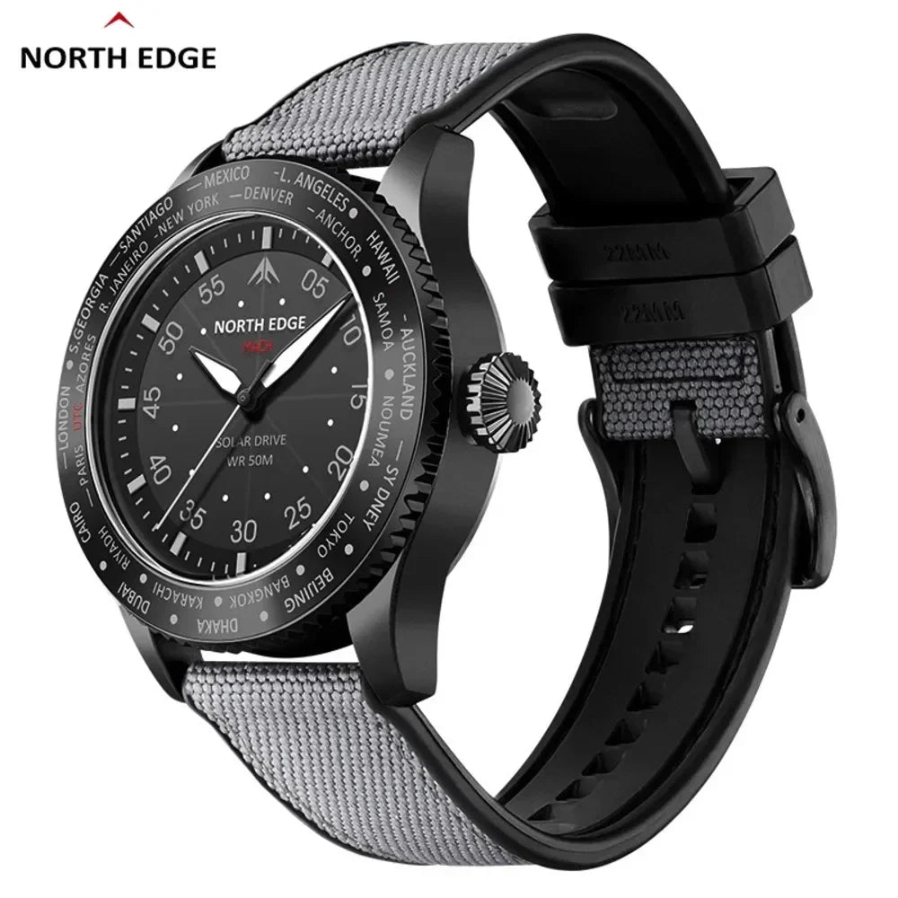 Montre Homme NORTH EDGE MACH 2024 – Solaire – Étanche 50M – Double Fuseau Horaire – Bracelet TPR & Nylon – Style Pilote - BLACKBEARD OUTDOOR INDUSTRIES