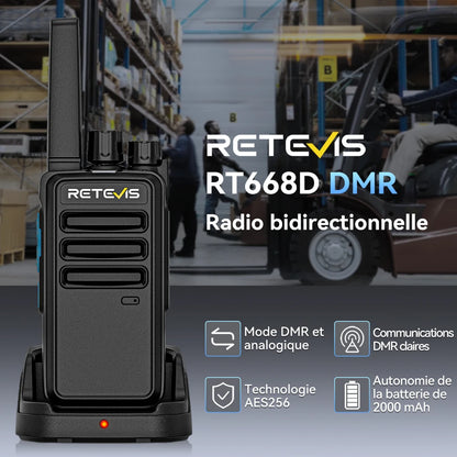 Talkie-Walkie Numérique Retevis RT668D – PMR446 Sans Licence, DMR Dual Mode, 256 Canaux, Portée 3 km – Hôtel, Sécurité, Entrepôt