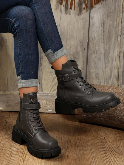 Bottines Femme à Talon Épais – Bottes Combat à Lacets & Fermeture Éclair – Style Punk Rock avec Boucle Ceinture – Pointure Jusqu’au 43 - BLACKBEARD OUTDOOR INDUSTRIES