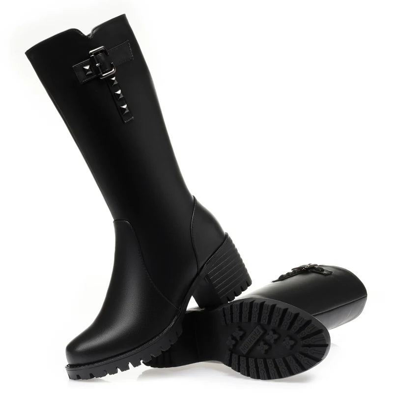 Bottes montantes femme en cuir véritable à talon carré