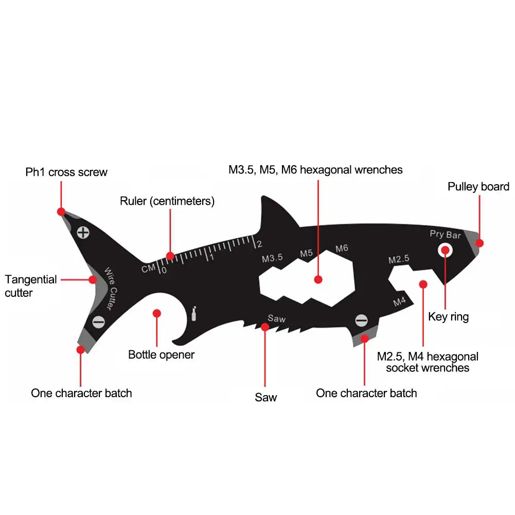 Outil Multifonction 15 en 1 Forme de Requin - Porte-Clés Ouvre-Bouteille et Tournevis