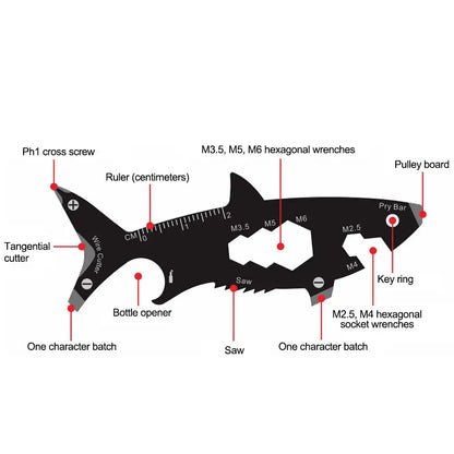 Outil Multifonction 15 en 1 Forme de Requin - Porte-Clés Ouvre-Bouteille et Tournevis