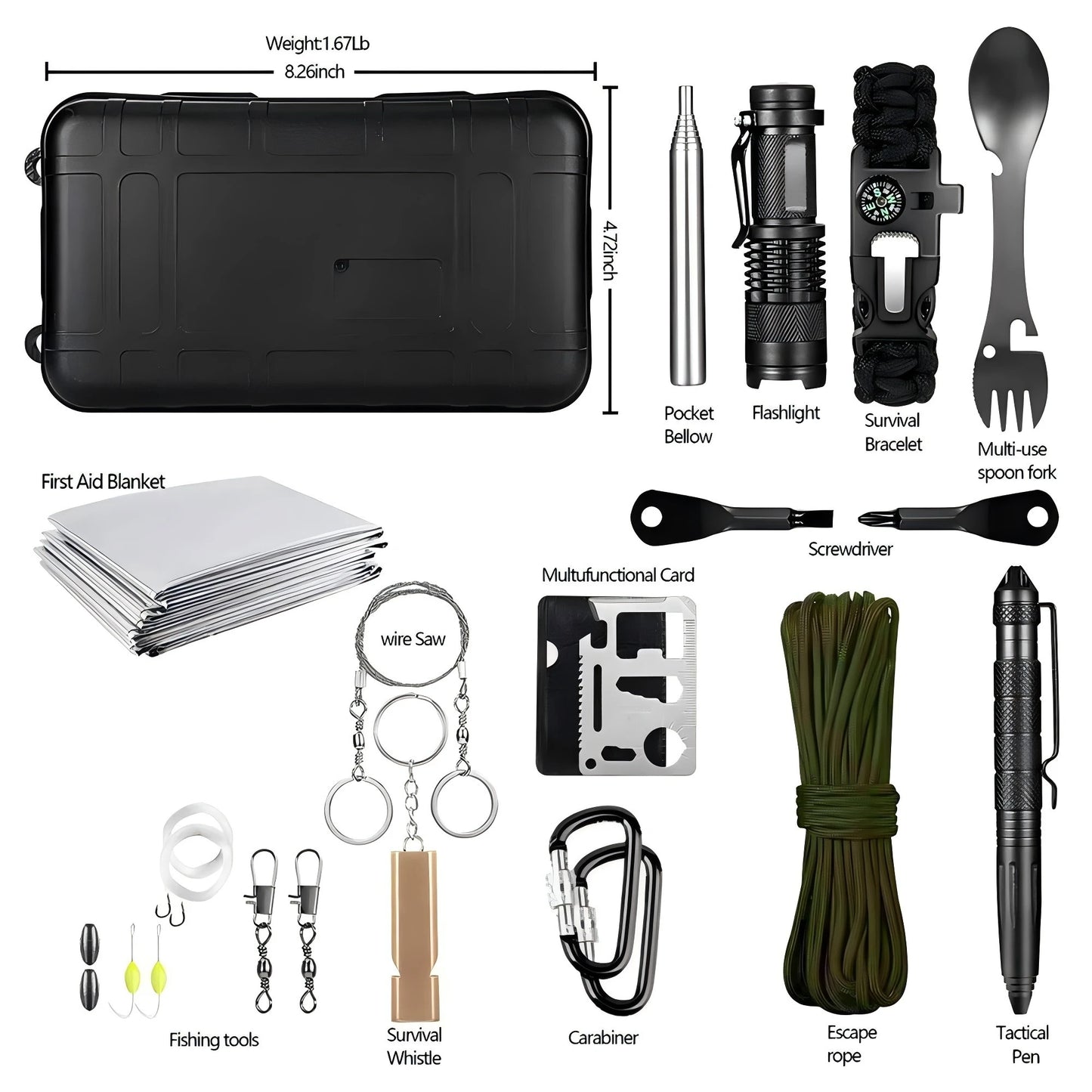 Kit de Survie Multifonction – Équipement Urgence Camping Tactique SOS Bushcraft