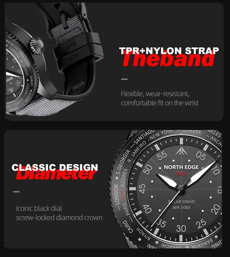 Montre Homme NORTH EDGE MACH 2024 – Solaire – Étanche 50M – Double Fuseau Horaire – Bracelet TPR & Nylon – Style Pilote - BLACKBEARD OUTDOOR INDUSTRIES