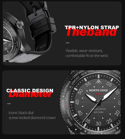 Montre Homme NORTH EDGE MACH 2024 – Solaire – Étanche 50M – Double Fuseau Horaire – Bracelet TPR & Nylon – Style Pilote - BLACKBEARD OUTDOOR INDUSTRIES