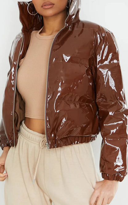 Doudoune Vinyle Femme Courte – Effet Cuir PVC Brillant, Col Montant, Style Luxe | S-XXL - BLACKBEARD OUTDOOR INDUSTRIES