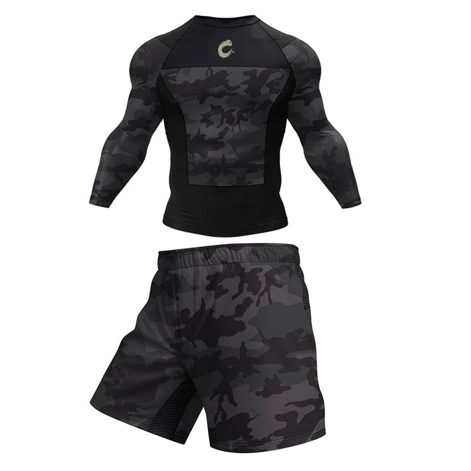 Ensemble T-shirt Rashguard Jiu Jitsu No Gi + Shorts MMA – Compression et Confort pour Hommes, Idéal pour Boxe, Jiu Jitsu, Kickboxing, Muay Thai - BLACKBEARD OUTDOOR INDUSTRIES
