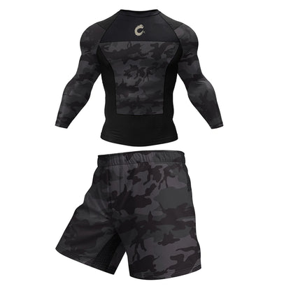 Ensemble T-shirt Rashguard Jiu Jitsu No Gi + Shorts MMA – Compression et Confort pour Hommes, Idéal pour Boxe, Jiu Jitsu, Kickboxing, Muay Thai - BLACKBEARD OUTDOOR INDUSTRIES