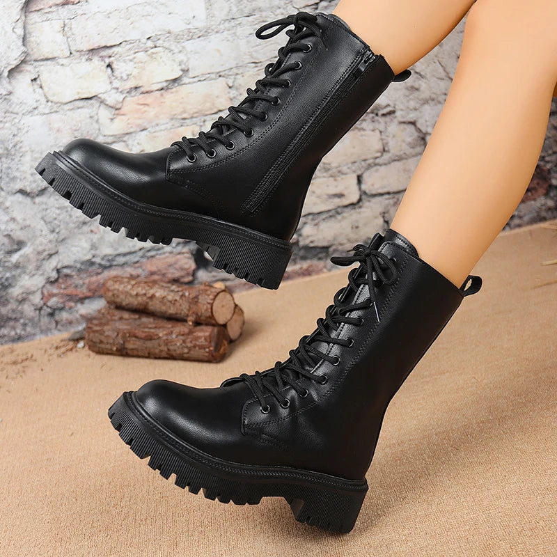 Bottes de Combat Femme Cuir PU – Talon Carré Zip Mi-Mollet Style Britannique